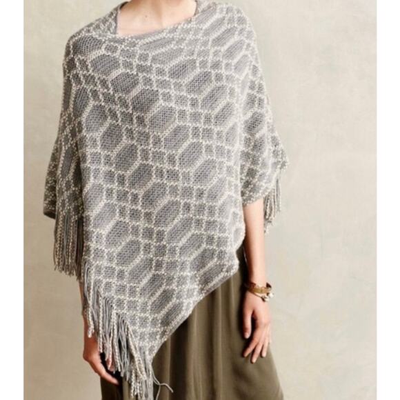 World Market Sweaters - World Market Acrylic Blend Gray Cream Fringe Trim Asymmetrical Poncho One Size